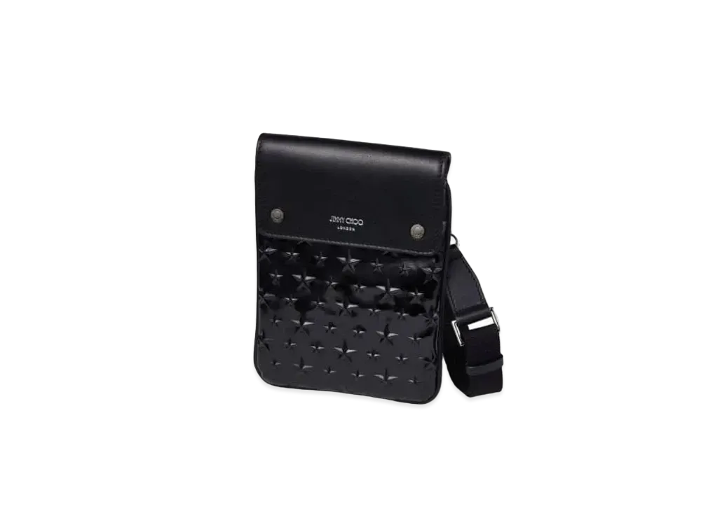 JIMMY CHOO KIMI MESSANGER Star Emboss Glossy Fabric Bag "Black"