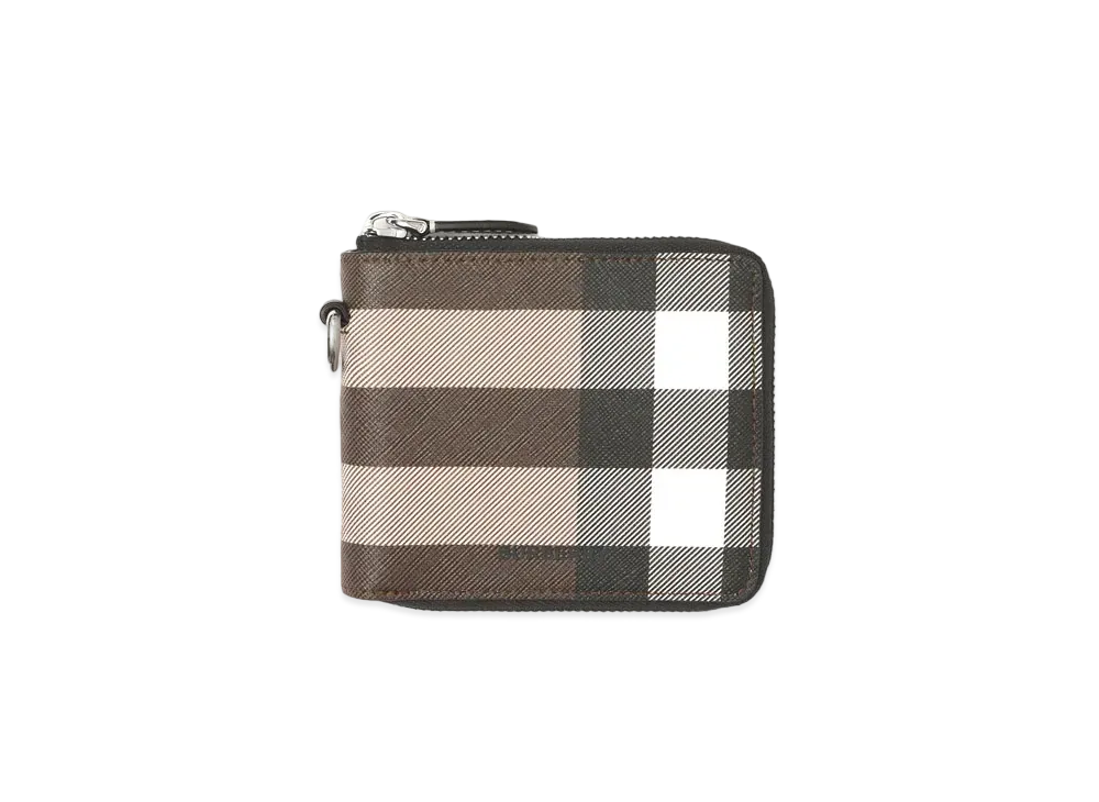 BURBERRY Check E Canvas Round Zip Wallet Loneyard "Dark Bachi Brown"