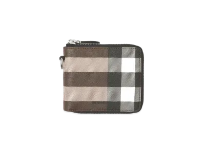 BURBERRY Check E Canvas Round Zip Wallet Loneyard "Dark Bachi Brown"