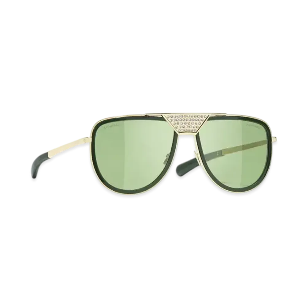 CHANEL Pilot Sunglasses Metal & Calfskin "Light Gold/Green"