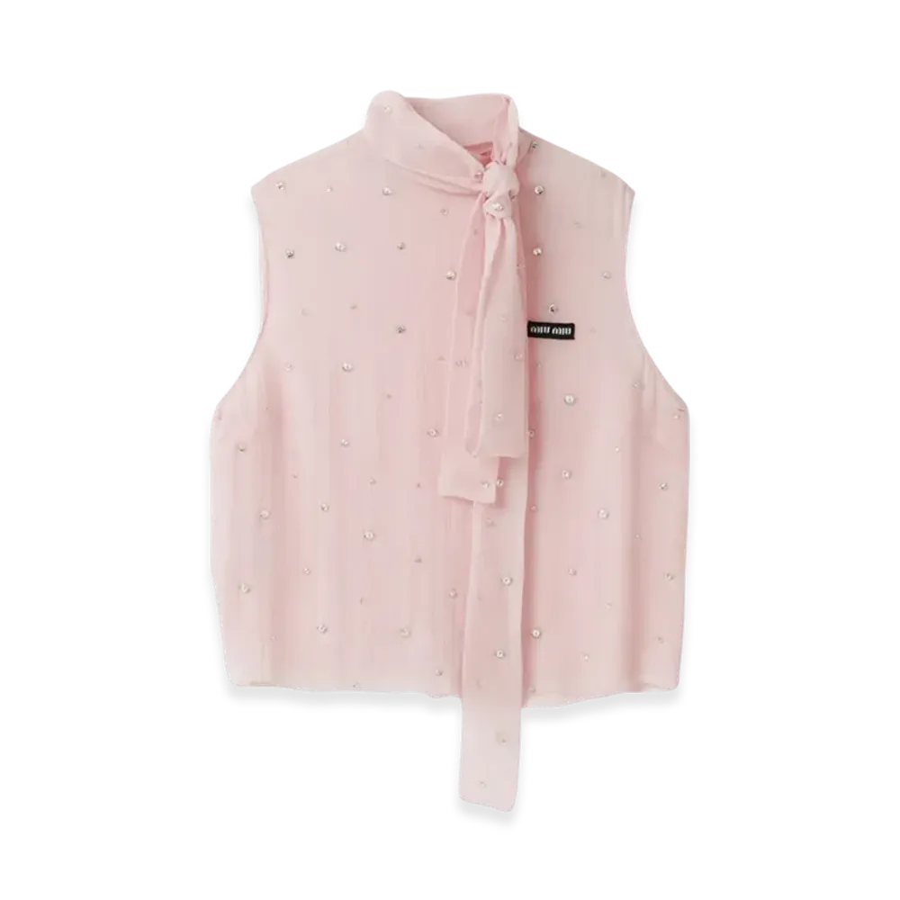 MIU MIU Women's Diamante Embellished Chiffon Top "Alabaster Pink"