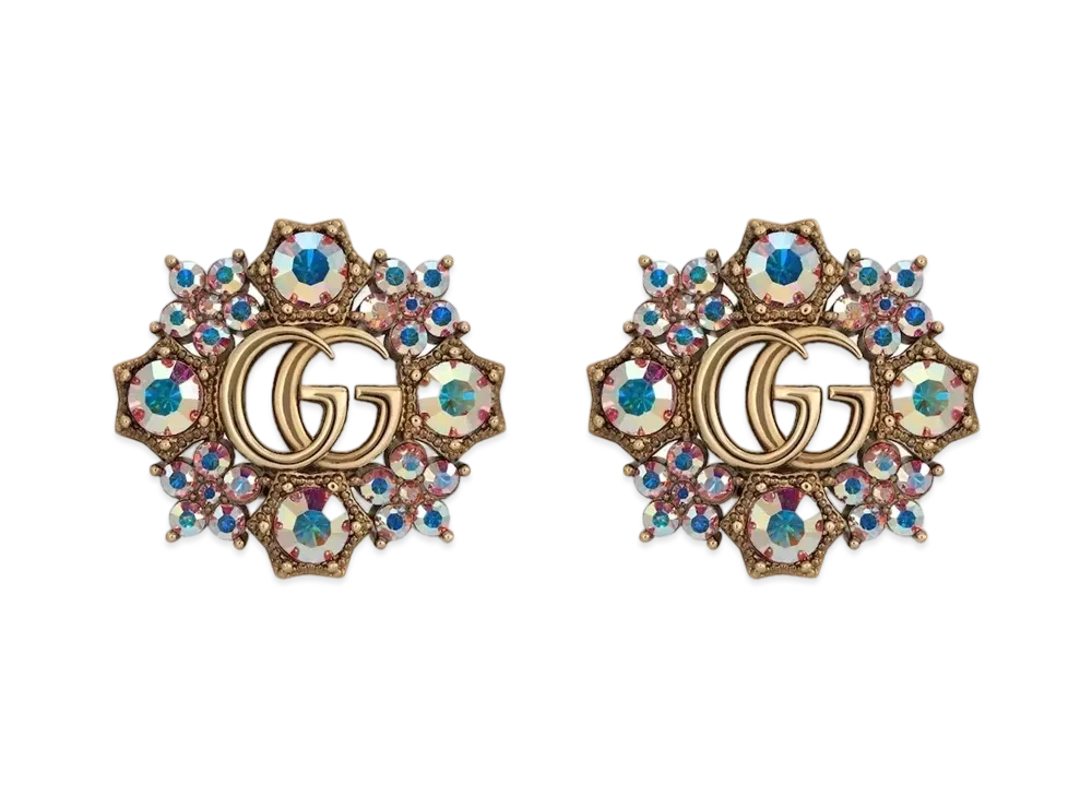 GUCCI Antique Gold Tone Metal Double G Crystal Flower Earrings "Gold"