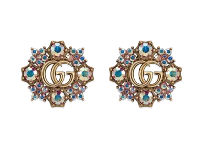GUCCI Antique Gold Tone Metal Double G Crystal Flower Earrings "Gold"