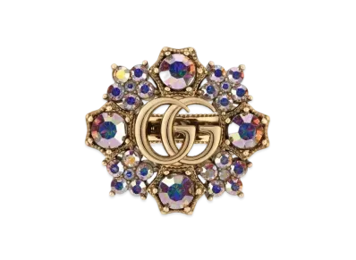 GUCCI Antique Gold Tone Metal Double G Crystal Flower Ring "Gold"