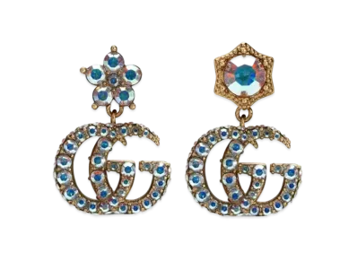 GUCCI Antique Gold Tone Metal Crystal Double G Earrings "Gold"