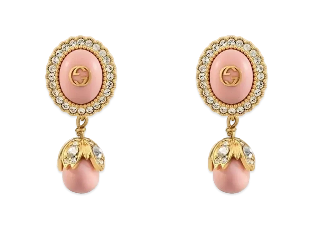 GUCCI Antique Gold Tone Metal Interlocking Double G Pearl Earrings "Gold"