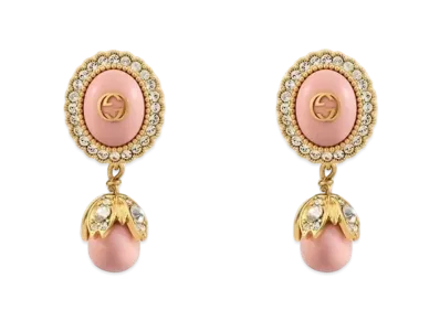GUCCI Antique Gold Tone Metal Interlocking Double G Pearl Earrings "Gold"