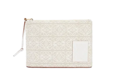 LOEWE Oblong Anagram Pouch In Jacquard and Calfskin "Ecru/Soft White"