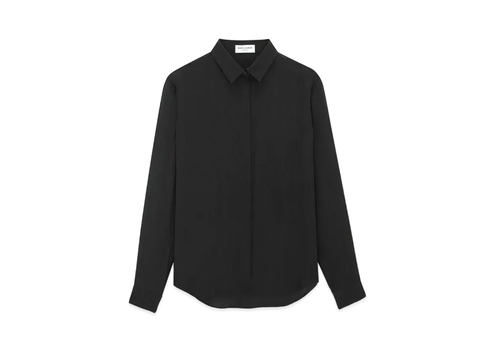 Saint Laurent Women's Shirt in Matte and Shiny Cassandre Striped Silk "Black"