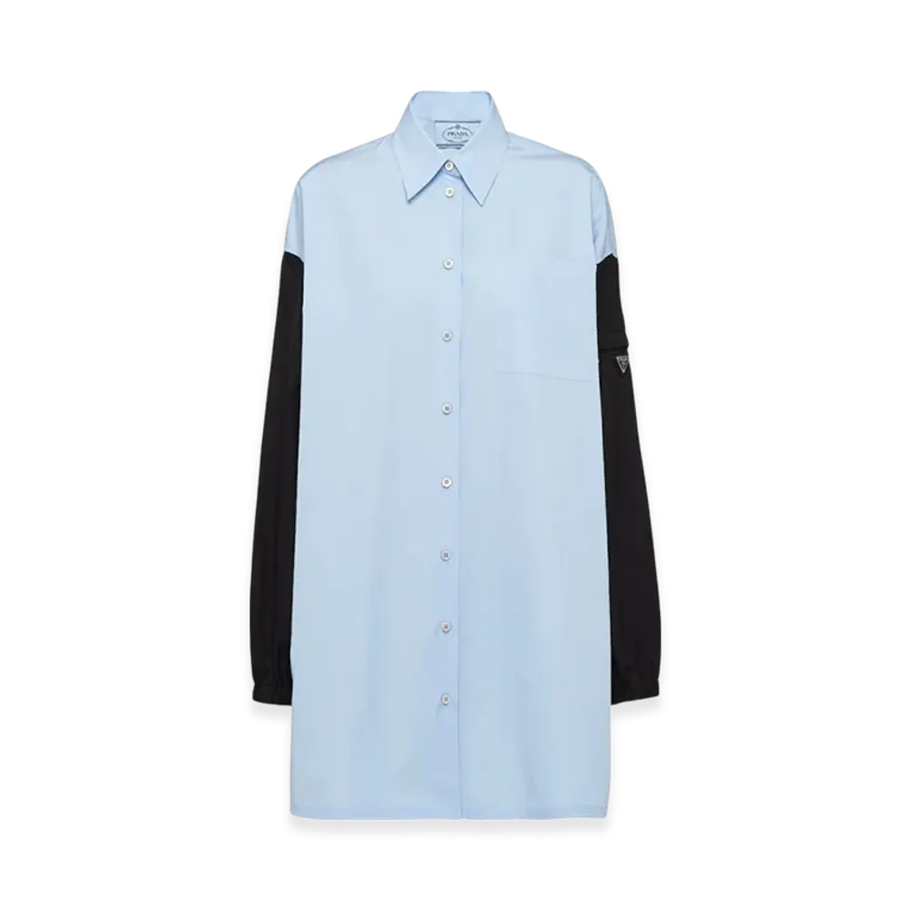 PRADA Women's Poplin Mini-Dress with Re-Nylon Sleeves "Sky Blue/Black"