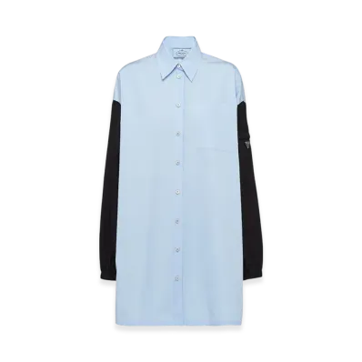 PRADA Women's Poplin Mini-Dress with Re-Nylon Sleeves "Sky Blue/Black"