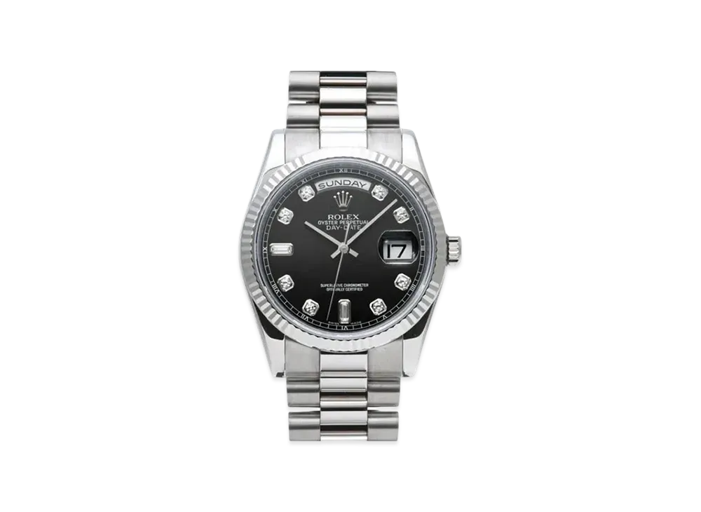 ROLEX Day-Date 8P Round 2P Baguette Diamonds "Black/White Gold"