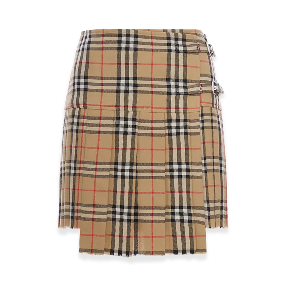 Burberry Women's Check Wool Mini Kilt With Pleated Pleates Skirt "Beige"
