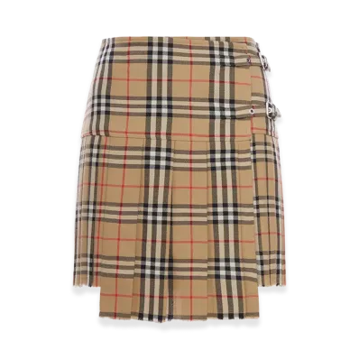 Burberry Women's Check Wool Mini Kilt With Pleated Pleates Skirt "Beige"