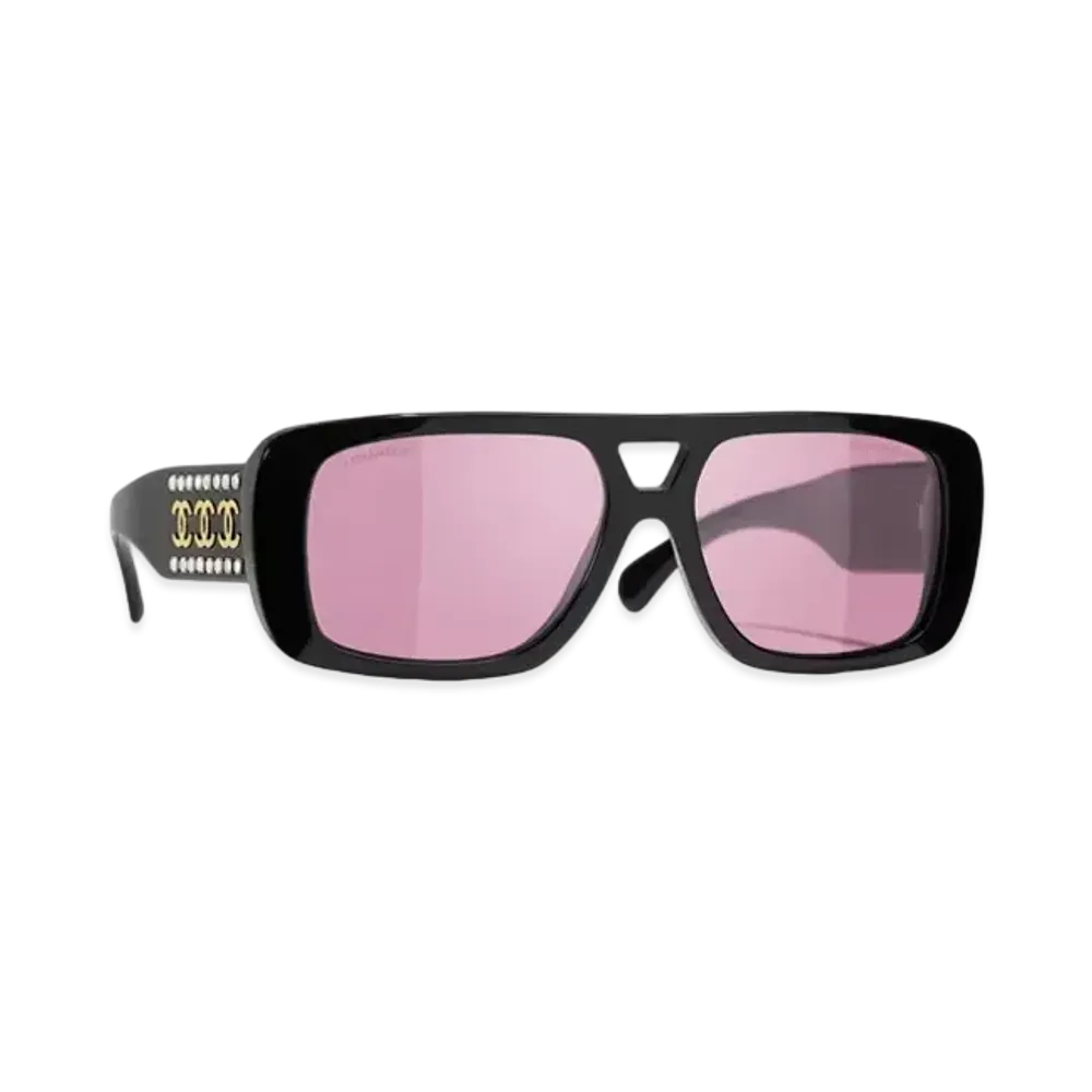 CHANEL Pilot Sunglasses Acetate & Strass "Black/Pink"