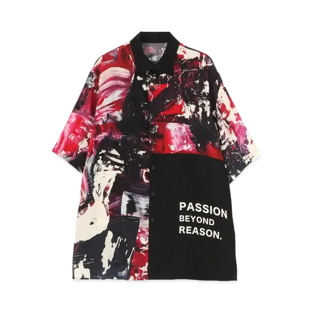 Yohji Yamamoto Pour Homme YUUKA ASAKURA SILK SATIN RED PAINTED PATTERN ALOHA SHIRT "Black"