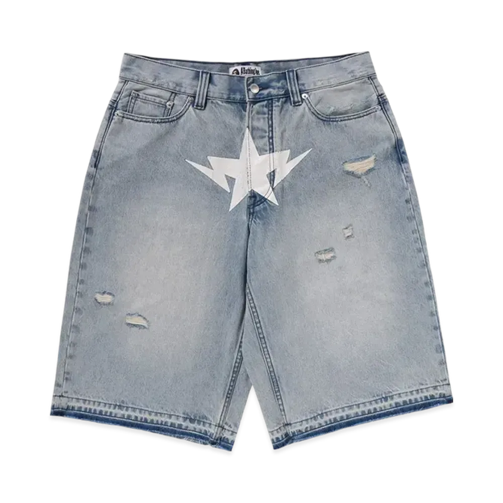 A BATHING APE Destroyed Sta Relaxed Fit 13OZ Demin Shorts "Lightindi"