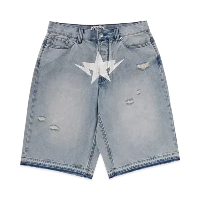 A BATHING APE Destroyed Sta Relaxed Fit 13OZ Demin Shorts "Lightindi"