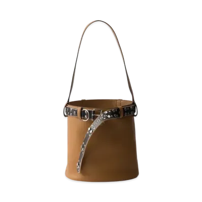 PRADA Buckle Leather Bucket Bag with Studded Belt "Camel/Black"