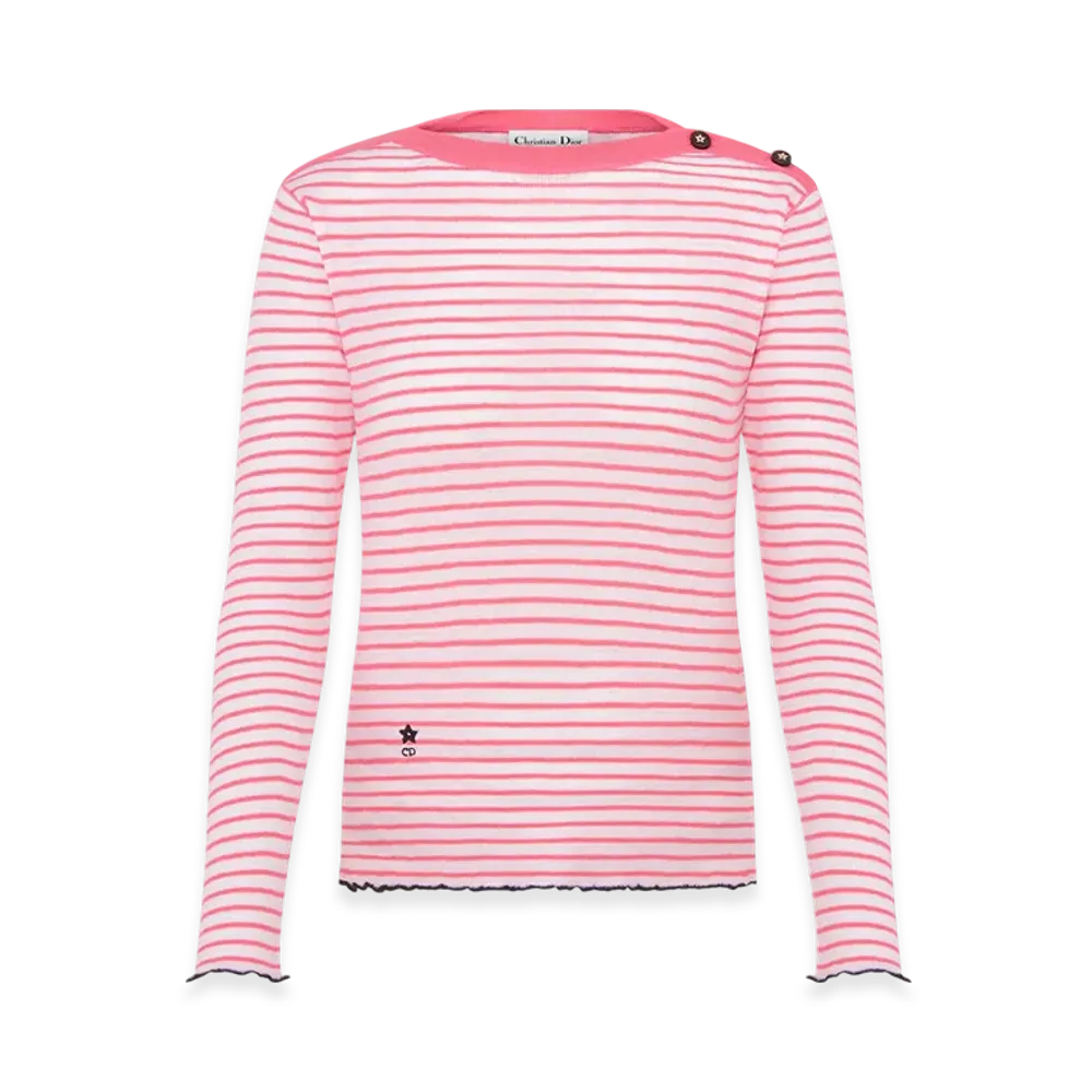 Dior Women's Linen Cashmere and Silk Ribbed Knit with Dior Mariniere Motif Dioriviera Sweater "White/Candy Pink"