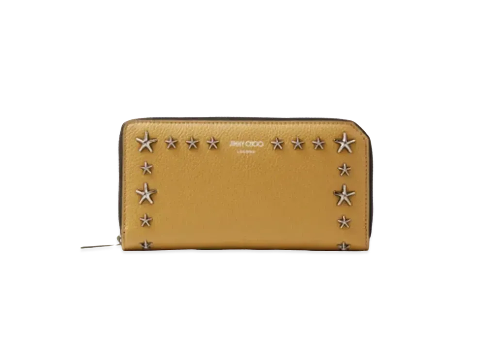 JIMMY CHOO CARNABY/S Soft Grainy Calf Leather Wallet With Star Studs "Camel"