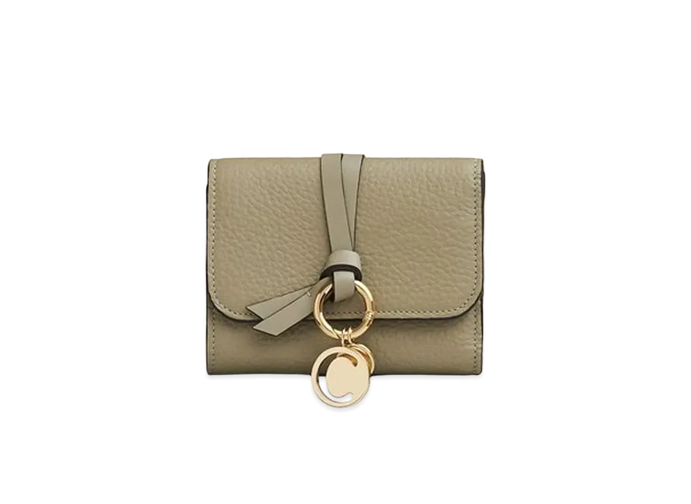 Chloe Alphabet Small Tri-Fold Wallet With Leather Link In Grained & Shiny Calfskin "Pottery Green"