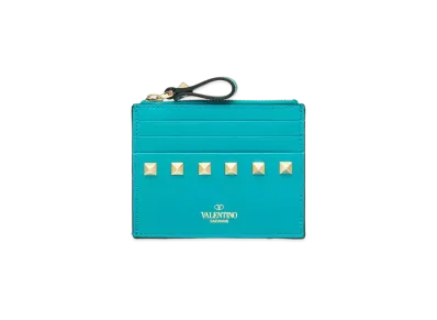 Valentino Rock Studs Calfskin Card Case "Ultramarine Green"
