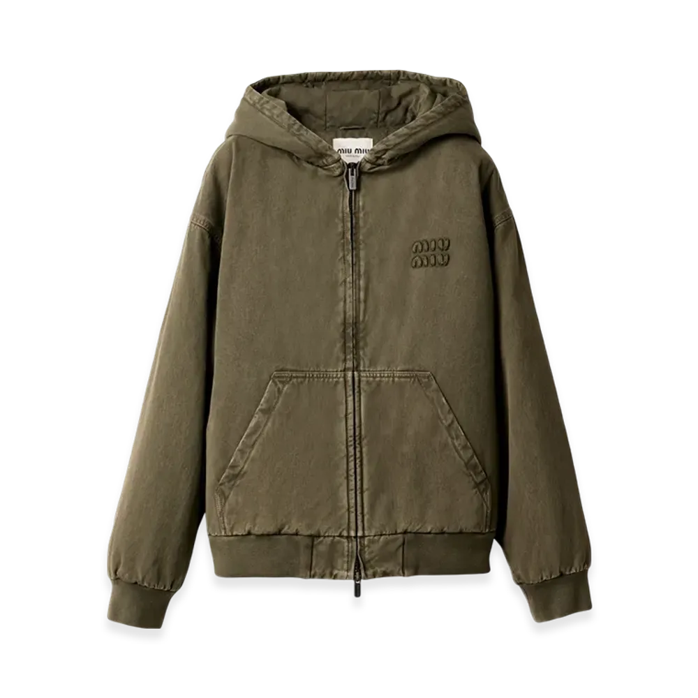 MIU MIU Garment-Dyed Blouson Jacket Embroidered Logo "Olive Green"