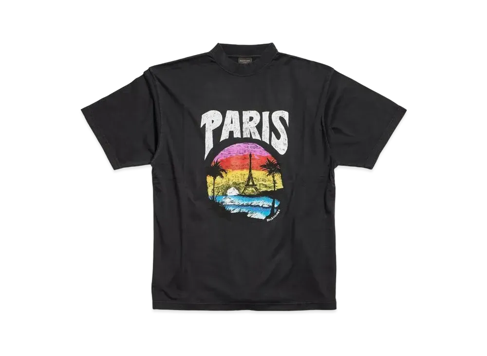 バレンシアガ パリス トロピカル Tシャツ ミディアムフィット "ブラック" 764235TPVL91569