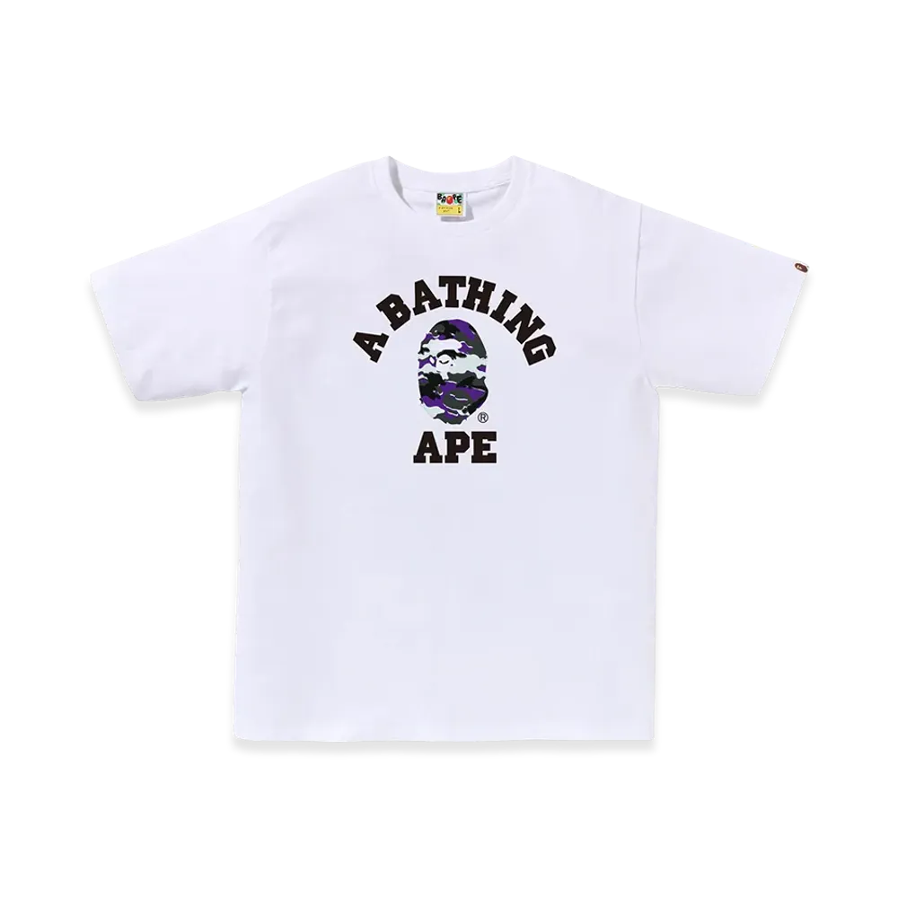 A BATHING APE Glitch Woodland Camo College Tee "White/Purple"