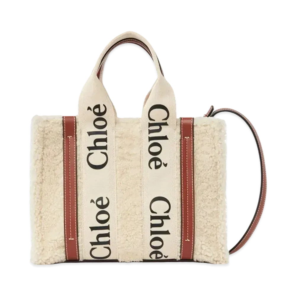 Chloe Small Woody Tote Bag With Strap In Shearling & Shiny Calfskin With Woody Ribbon "Beige"