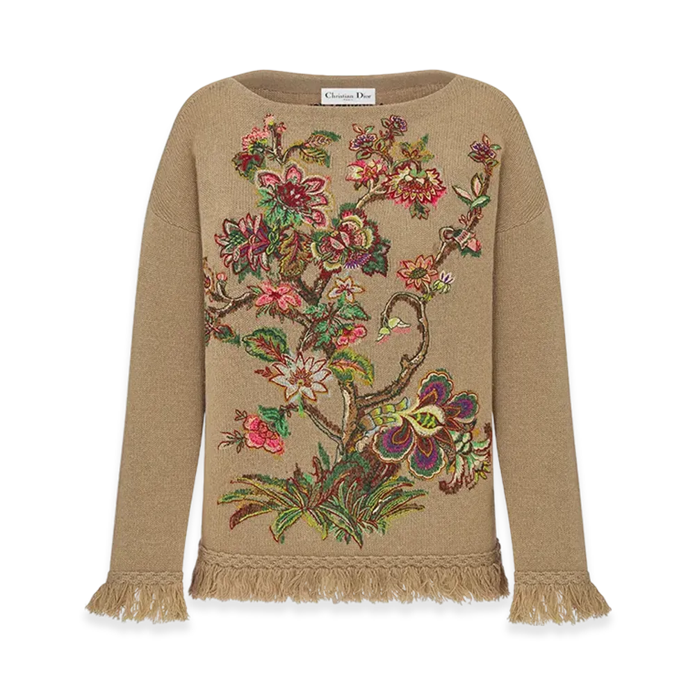 Dior Women's Embroidered Sweater Virgin Wool Cashmere Knit Albero della Vita Motif "Brown/Multicolor"
