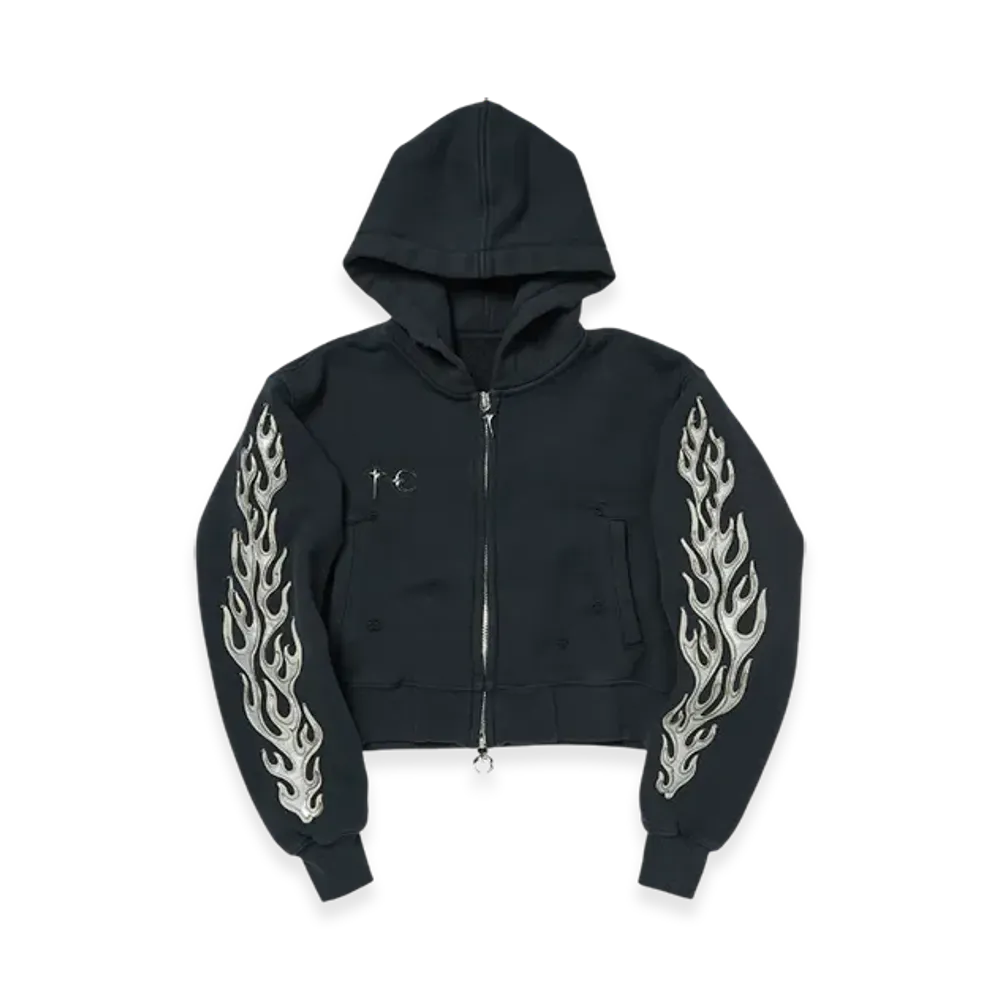 THUG CLUB Leather Flame Cropped Hooded Zip-Up "Navy"