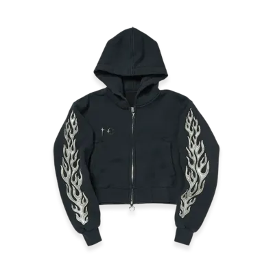 THUG CLUB Leather Flame Cropped Hooded Zip-Up "Navy"