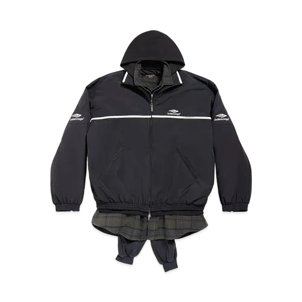 BALENCIAGA Men's 3B Sports Icon Layered Tracksuit Jacket Techno Poplin Curly Fleece and Vintage Jersey and Cotton "Black/Dark Green"