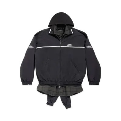 BALENCIAGA Men's 3B Sports Icon Layered Tracksuit Jacket Techno Poplin Curly Fleece and Vintage Jersey and Cotton "Black/Dark Green"