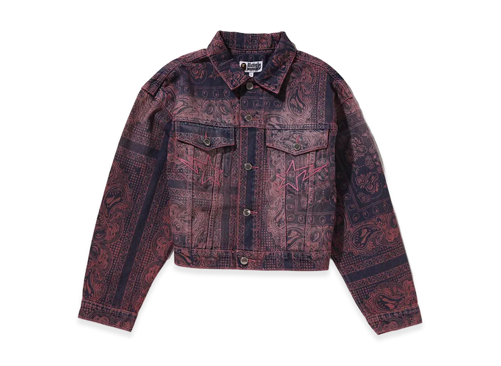 A BATHING APE Women's Paisley Pattern Denim Boxy Cropped Jacket "Pink"