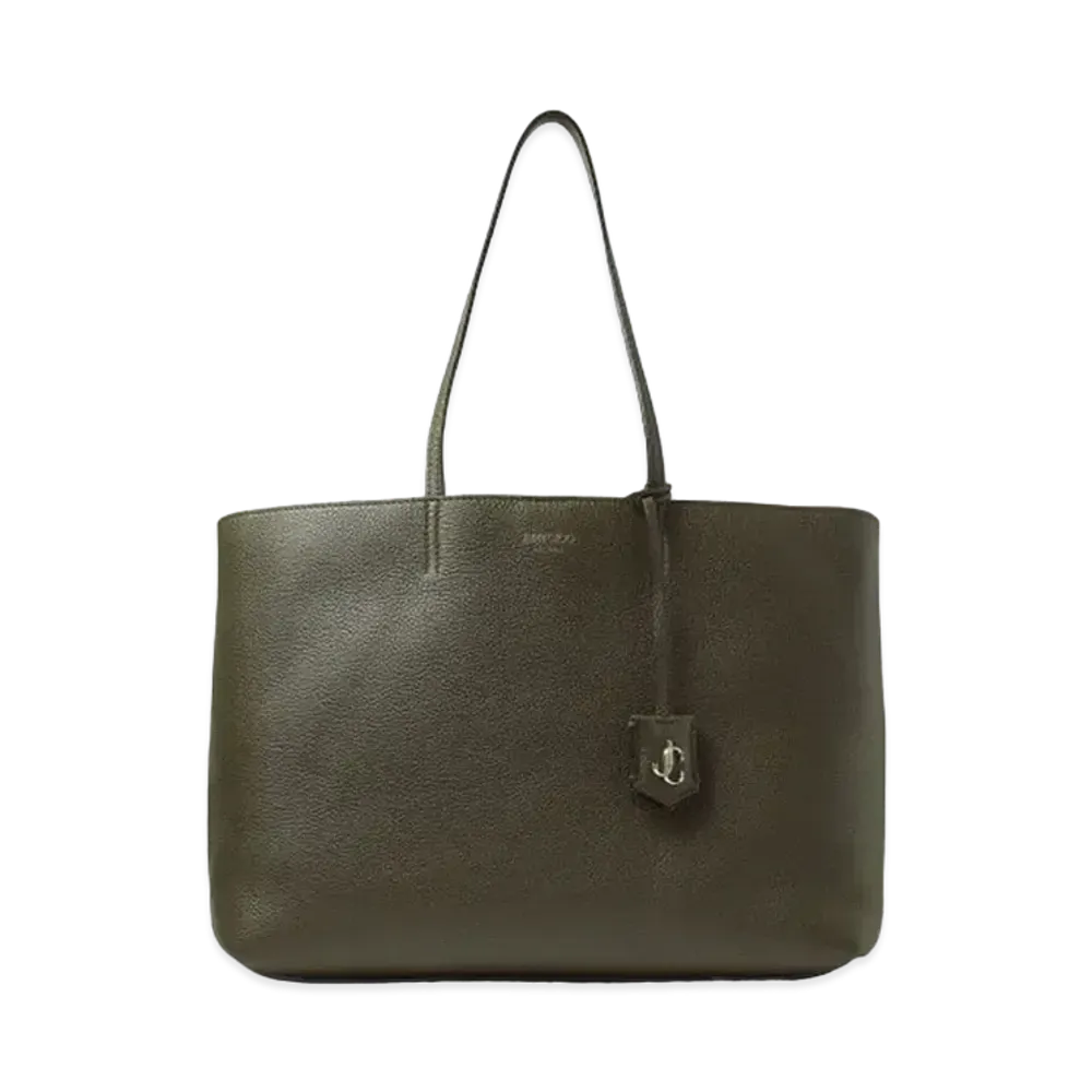 Jimmy Choo Nine2five E/W Grained Calf Leather Tote Handbag With JC Logo "Light Gold/Seaweed"