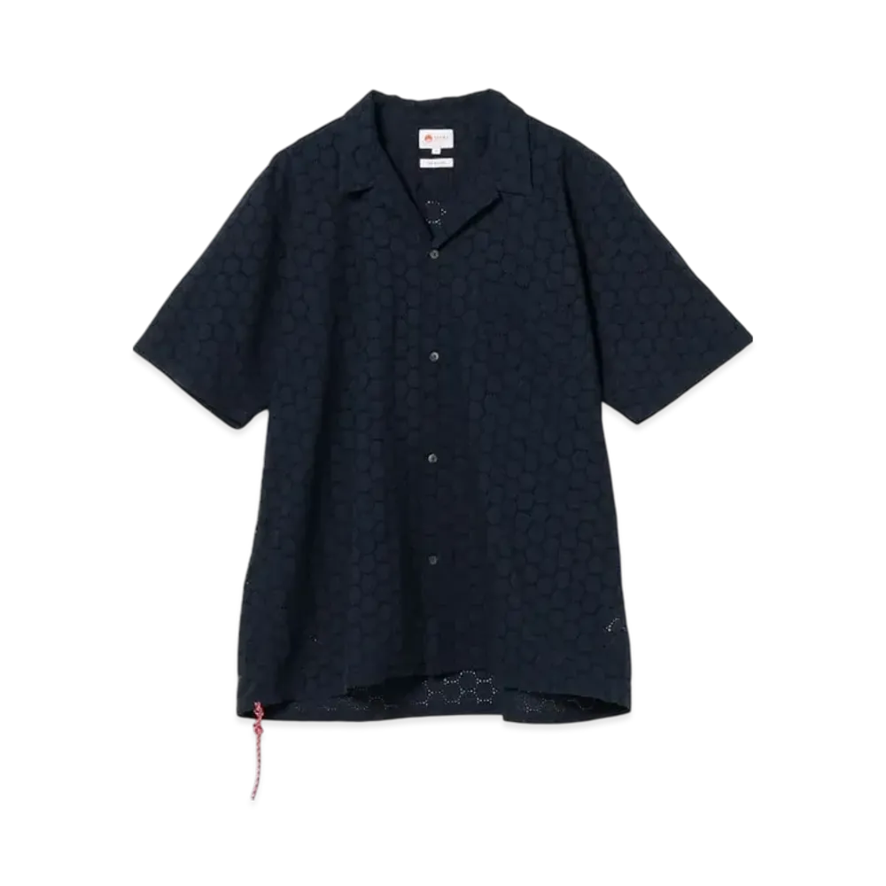 BEAMS Embroidery Open Collar Shirt "Navy"