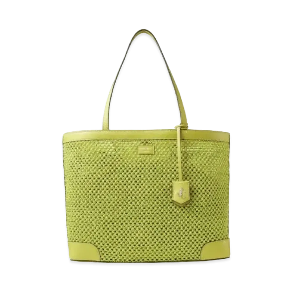 JIMMY CHOO NINE2FIVE E/W Raffian Net Curf Leather Tote Bag "Lime"