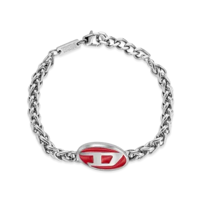 Diesel Dx1445 Red Enamel And Stainless Steel Chain Bracelet "Silver"