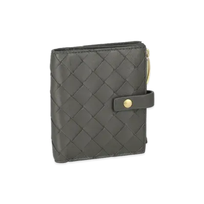 Bottega Veneta Intrecciato Lambskin Calfskin Compact Wallet With Coin Purse "Bright Red" "Graphite Gray Khaki/Gold"