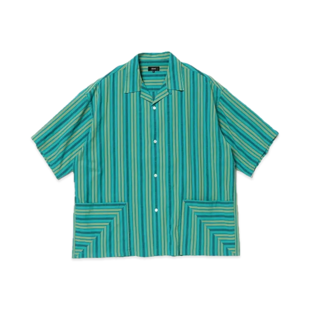 BEAMS Dobby Striped Open Collar Shirt "Teal"