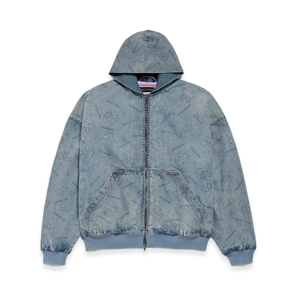 BALENCIAGA Women's Handrawn Bows Denim Jacket "Frosty Blue"