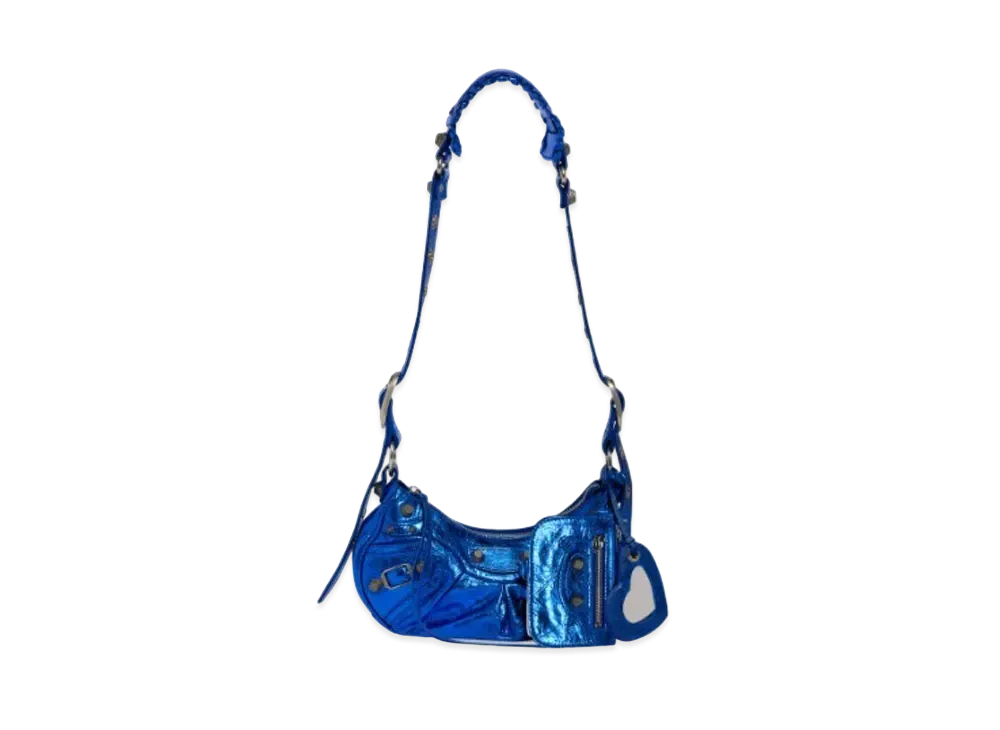 BALENCIAGA Le Cagole XS Shoulder Bag In Metallized Arena Lambskin "Dark Blue"