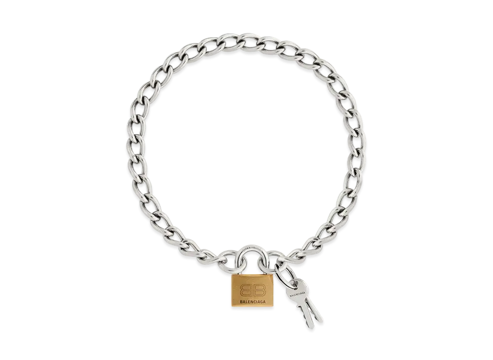 BALENCIAGA Locker Necklace in Mix Antique Brass Steel "Silver/Gold/Shiny Silver"