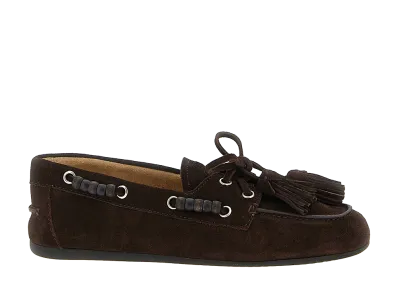 MIU MIU Women's Suede Deck Shoes with Tassels "Dark Brown"