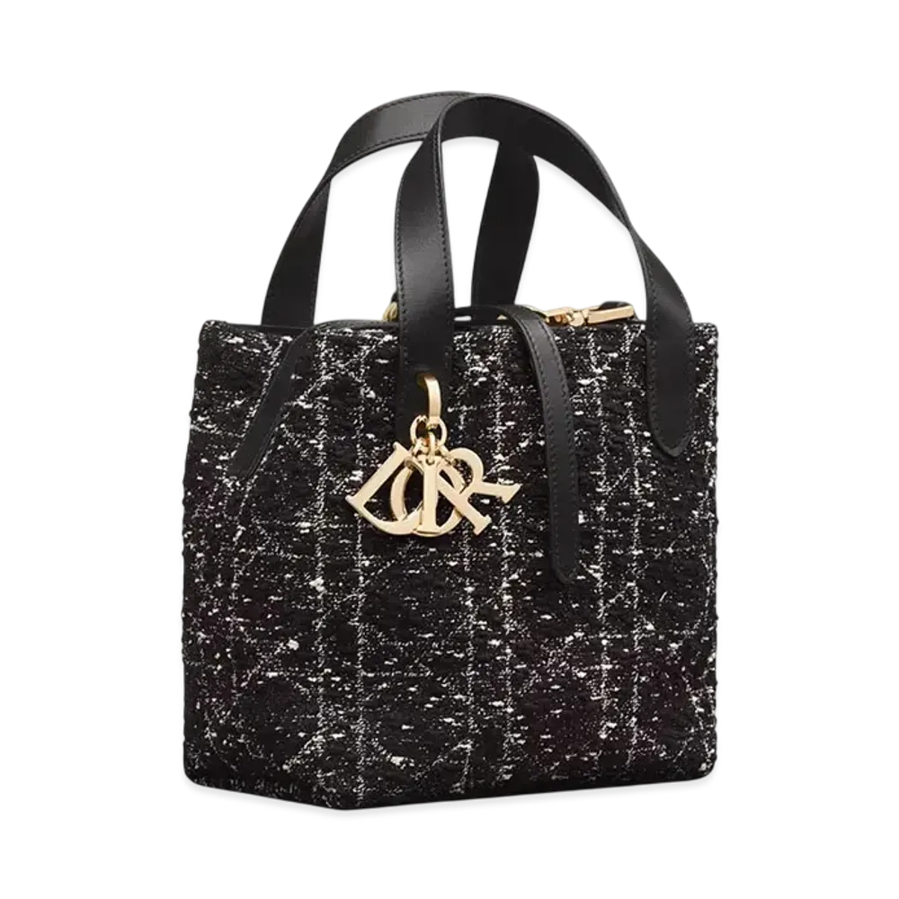 Dior Small Dior Toujours Vertical Tote Bag Tweed with Cannage Motif "Black/White"