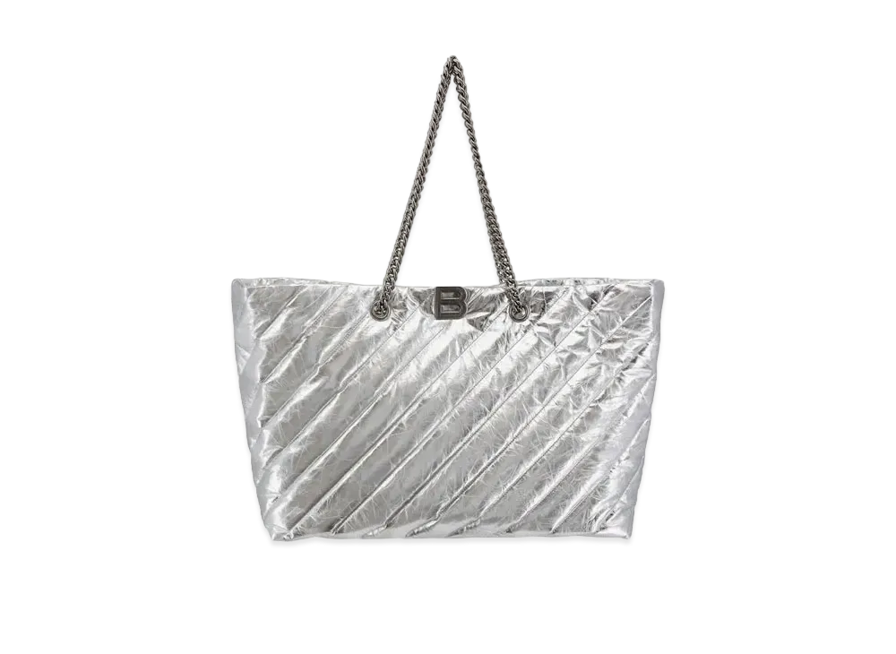 BALENCIAGA Crush Large Carryall Tote Bag Metal Quilted "Silver"