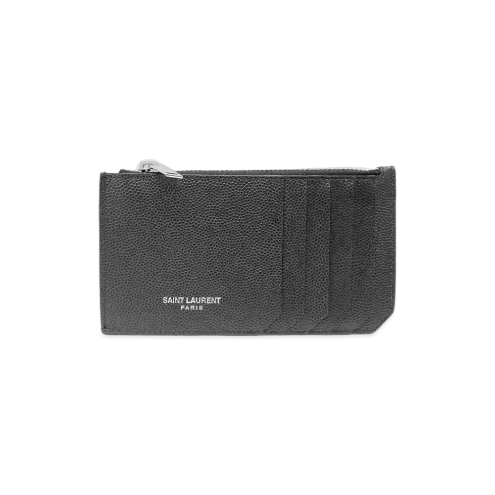 Saint Laurent Fragments Zipped Card Case In Grain De Poudre Embossed Leather "Black"